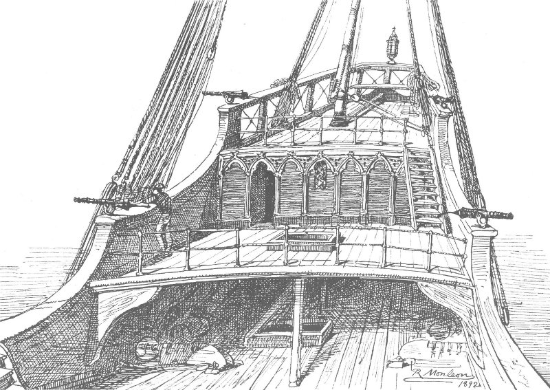 Вид на шканцы Санта-Марии (флагман Колумба в путешествии 1492г). Показано характерное расположение вертлюжных пушек